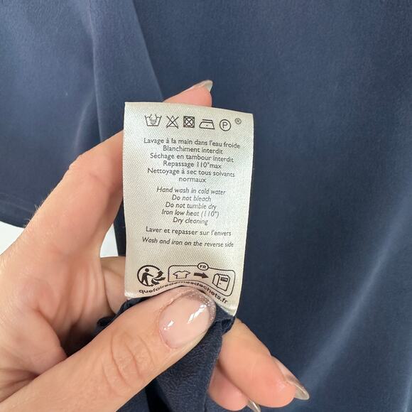 Sezane Women's Navy Minara Embroidered V-Neck Silk Short Sleeve Blouse, 34, EUC - Picture 5 of 7